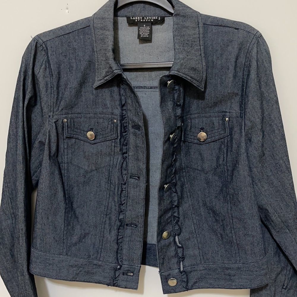 NWOT Larry Levine Blue Dark Wash Stretch Denim Jacket With Ruffles Size - S - Picture 8 of 11